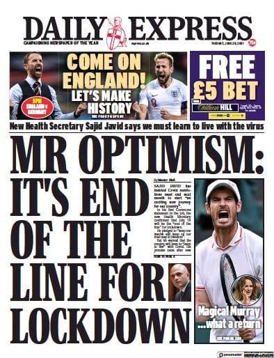 Daily Express (UK) Newspaper Front Page for 29 June 2021