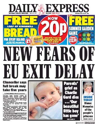 Daily Express Newspaper Front Page for 29 July 2017