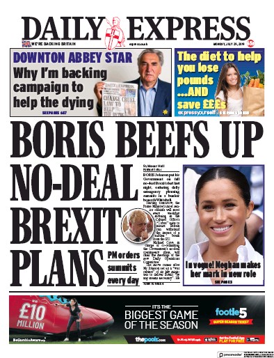 Daily Express Newspaper Front Page for 29 July 2019
