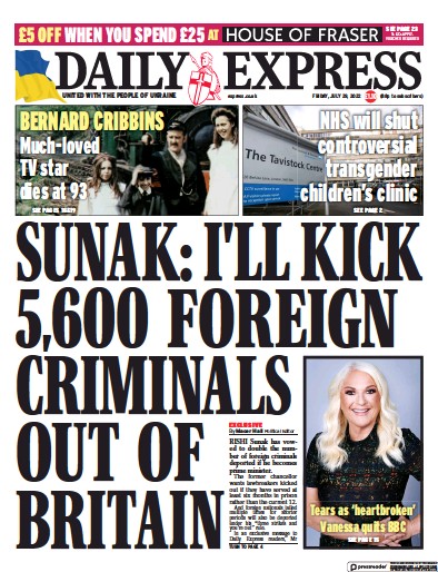 Daily Express Newspaper Front Page for 29 July 2022