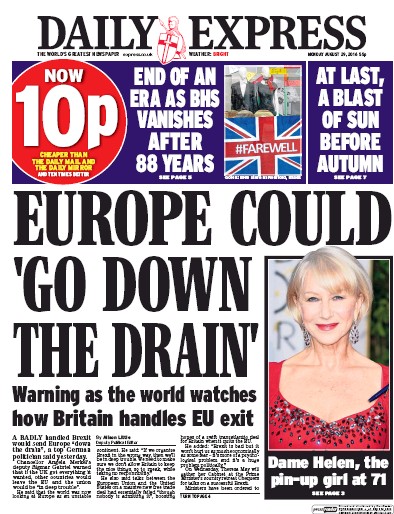 Daily Express (UK) Newspaper Front Page for 29 August 2016