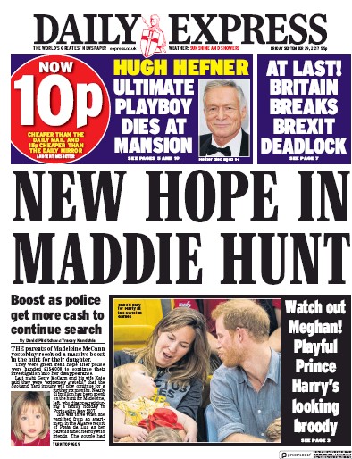 Daily Express (UK) Newspaper Front Page for 29 September 2017