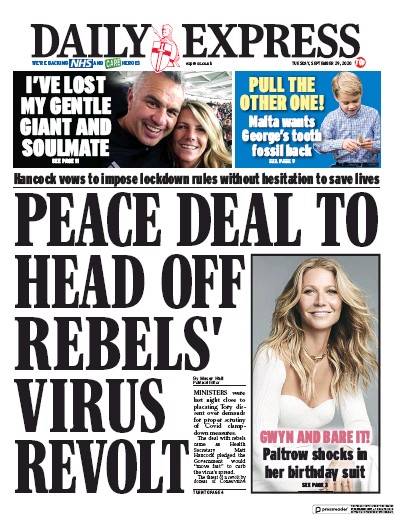 Daily Express Newspaper Front Page for 29 September 2020