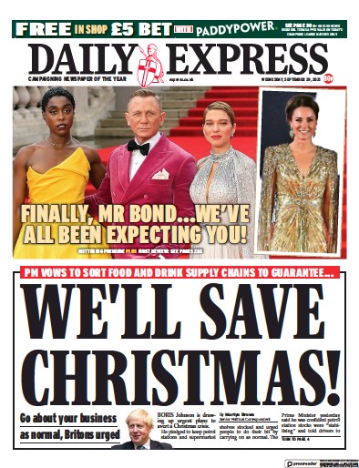 Daily Express (UK) Newspaper Front Page for 29 September 2021