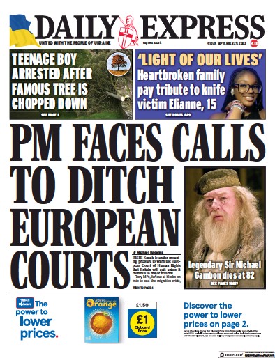 Daily Express Newspaper Front Page for 29 September 2023