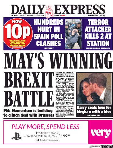 Daily Express (UK) Newspaper Front Page for 2 October 2017