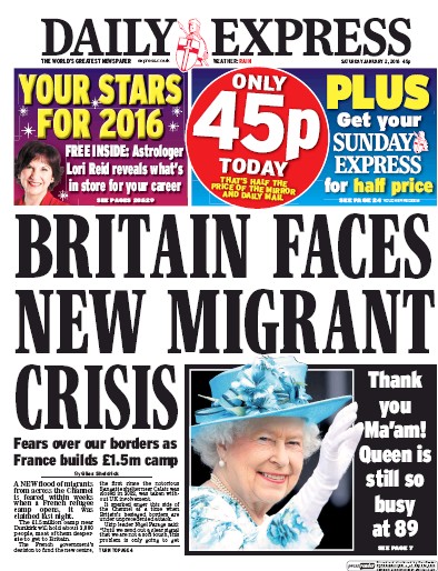 Daily Express Newspaper Front Page for 2 January 2016