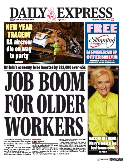 Daily Express Newspaper Front Page for 2 January 2020