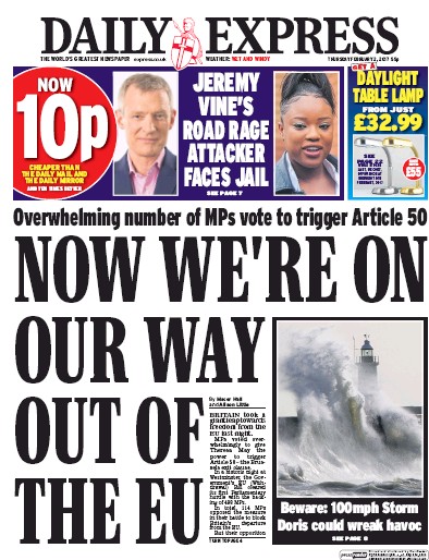 Daily Express Newspaper Front Page for 2 February 2017