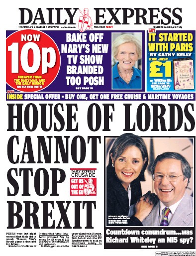 Daily Express Newspaper Front Page for 2 March 2017