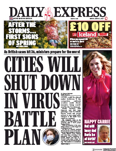 Daily Express Newspaper Front Page for 2 March 2020