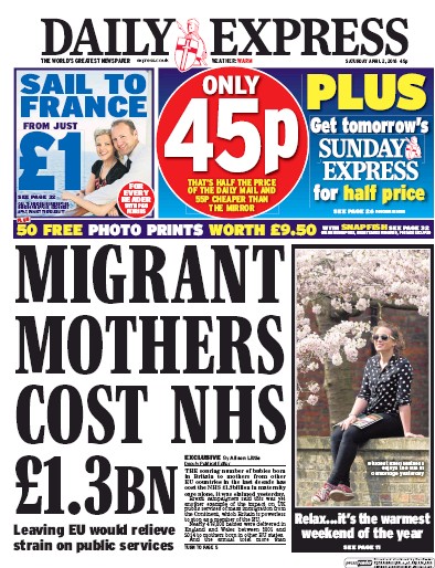 Daily Express (UK) Newspaper Front Page for 2 April 2016