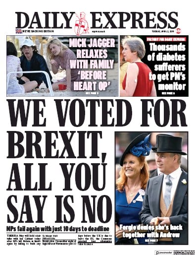 Daily Express Newspaper Front Page for 2 April 2019