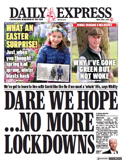 Daily Express (UK) Newspaper Front Page for 2 April 2021