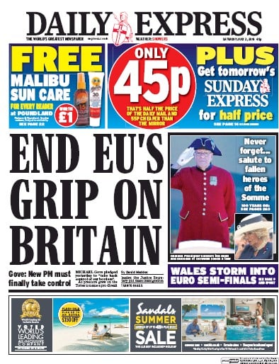 Daily Express Newspaper Front Page for 2 July 2016