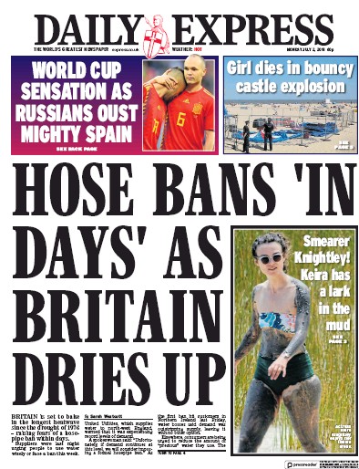 Daily Express Newspaper Front Page for 2 July 2018