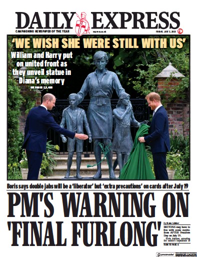 Daily Express (UK) Newspaper Front Page for 2 July 2021