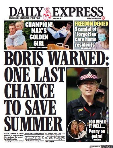 Daily Express (UK) Newspaper Front Page for 2 August 2021