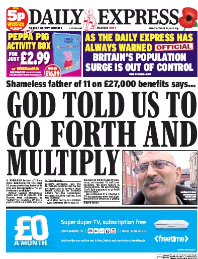 Daily Express Newspaper Front Page for 30 October 2015