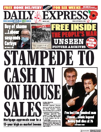 Daily Express Newspaper Front Page for 30 October 2020