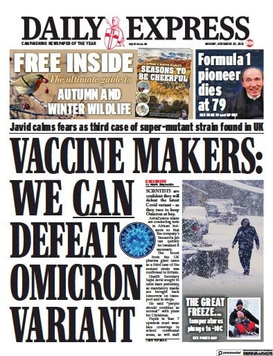 Daily Express (UK) Newspaper Front Page for 30 November 2021