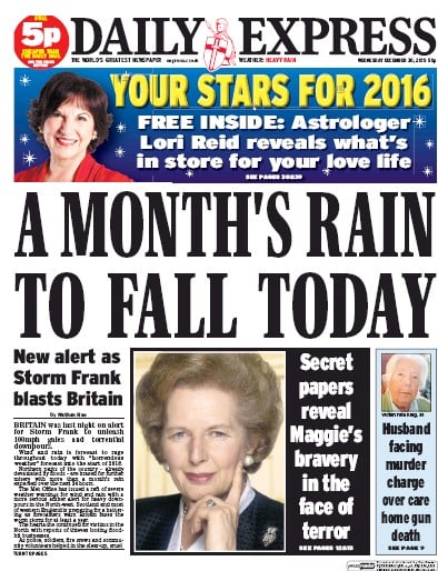 Daily Express (UK) Newspaper Front Page for 30 December 2015
