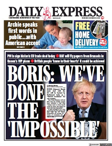 Daily Express (UK) Newspaper Front Page for 30 December 2020