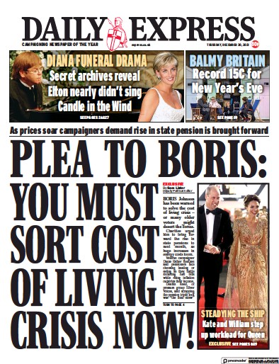 Daily Express (UK) Newspaper Front Page for 30 December 2021