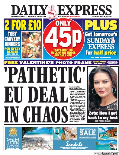 Daily Express Newspaper Front Page for 30 January 2016