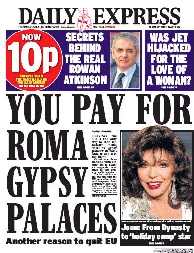 Daily Express (UK) Newspaper Front Page for 30 March 2016