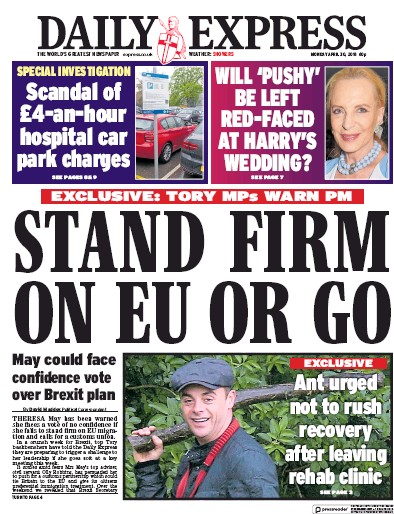 Daily Express Newspaper Front Page for 30 April 2018