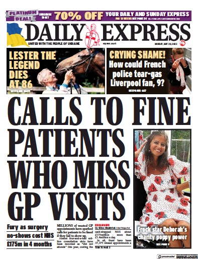 Daily Express (UK) Newspaper Front Page for 30 May 2022