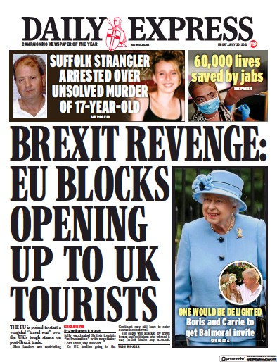 Daily Express (UK) Newspaper Front Page for 30 July 2021