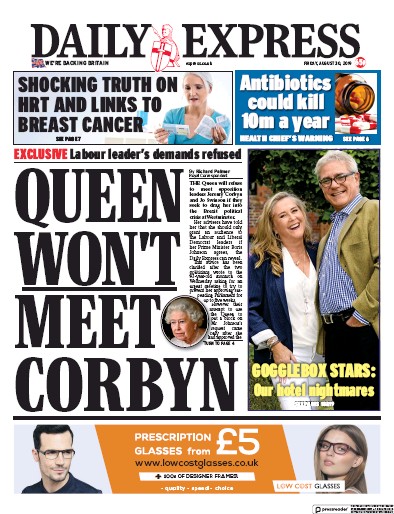 Daily Express (UK) Newspaper Front Page for 30 August 2019