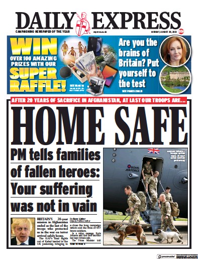 Daily Express (UK) Newspaper Front Page for 30 August 2021