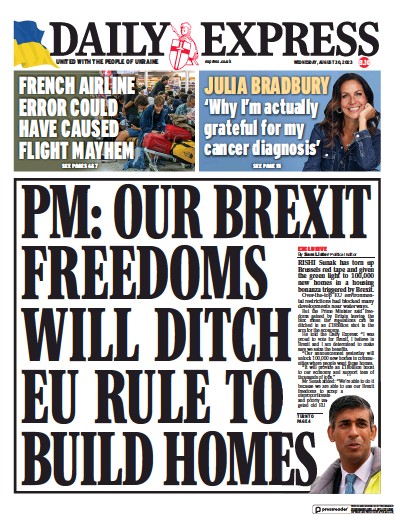 Daily Express (UK) Newspaper Front Page for 30 August 2023