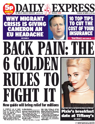 Daily Express Newspaper Front Page for 30 September 2015