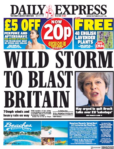 Daily Express Newspaper Front Page for 30 September 2017