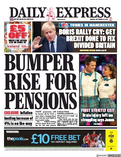 Daily Express Newspaper Front Page for 30 September 2019