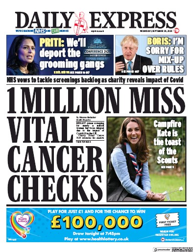 Daily Express Newspaper Front Page for 30 September 2020