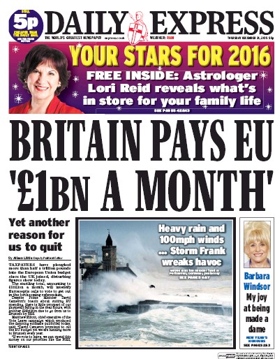 Daily Express Newspaper Front Page for 31 December 2015