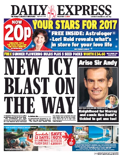 Daily Express Newspaper Front Page for 31 December 2016