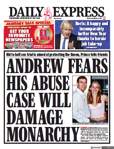 Daily Express (UK) Newspaper Front Page for 31 December 2021