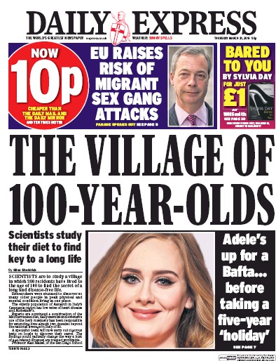 Daily Express (UK) Newspaper Front Page for 31 March 2016