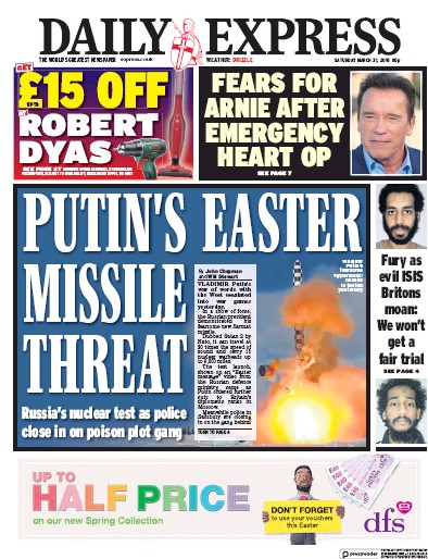 Daily Express Newspaper Front Page for 31 March 2018