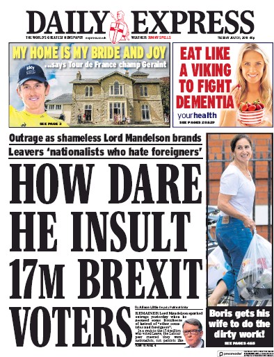 Daily Express Newspaper Front Page for 31 July 2018