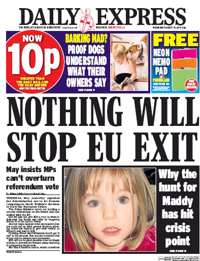 Daily Express Newspaper Front Page for 31 August 2016