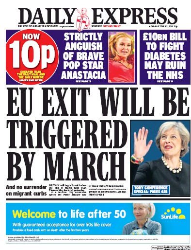 Daily Express (UK) Newspaper Front Page for 3 October 2016