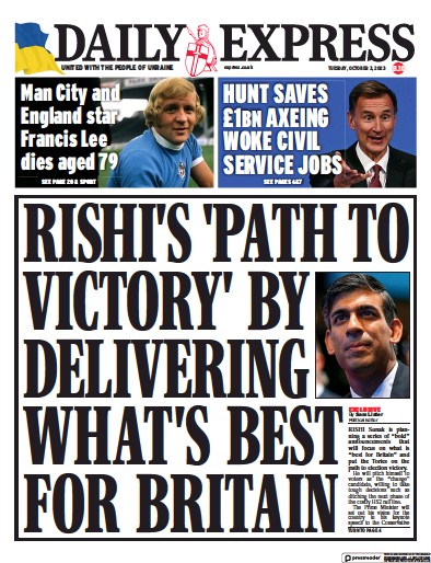 Daily Express (UK) Newspaper Front Page for 3 October 2023