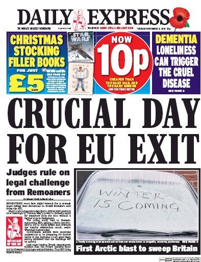 Daily Express Newspaper Front Page for 3 November 2016
